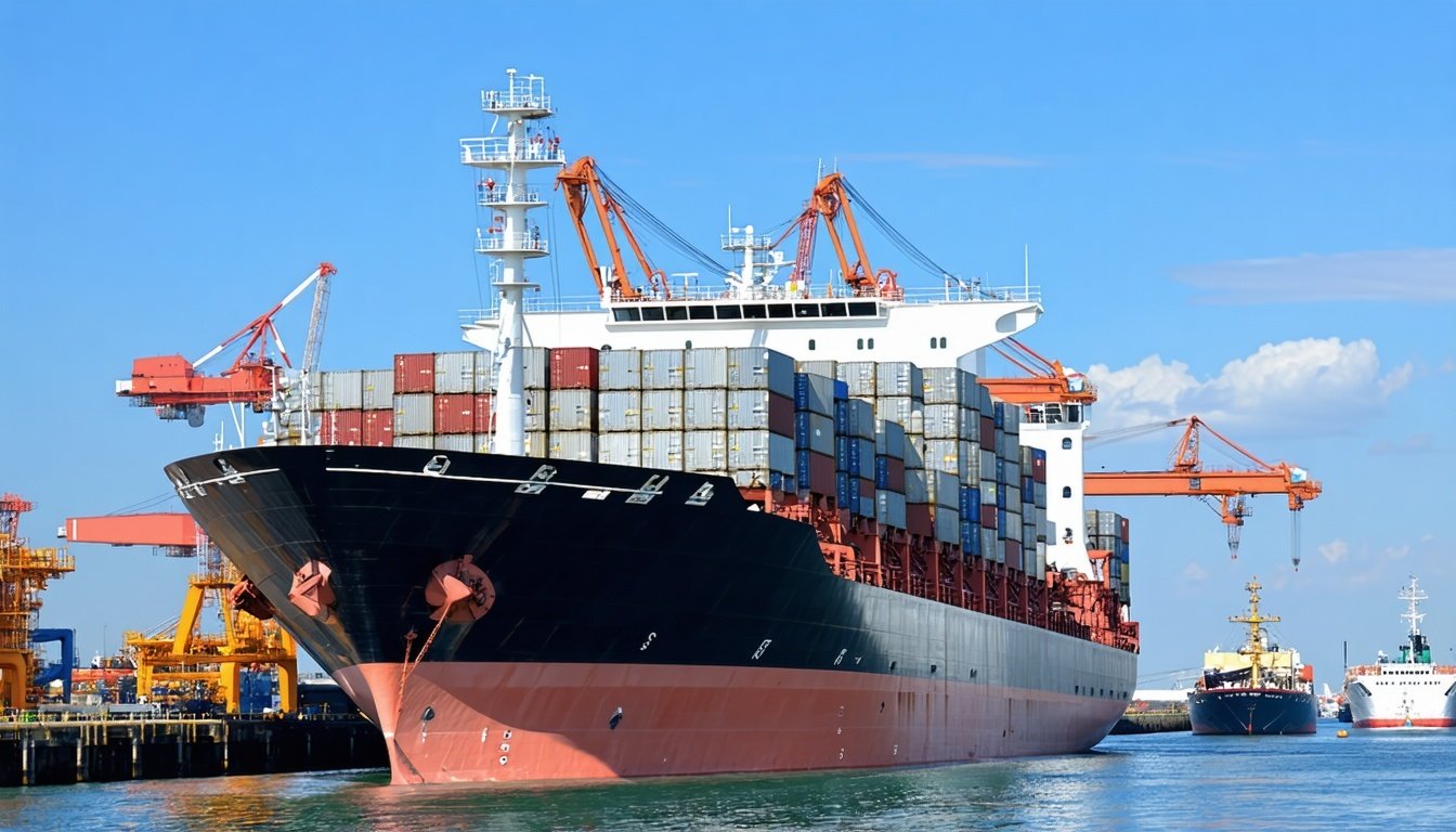 A cargo ship loaded with construction materials do