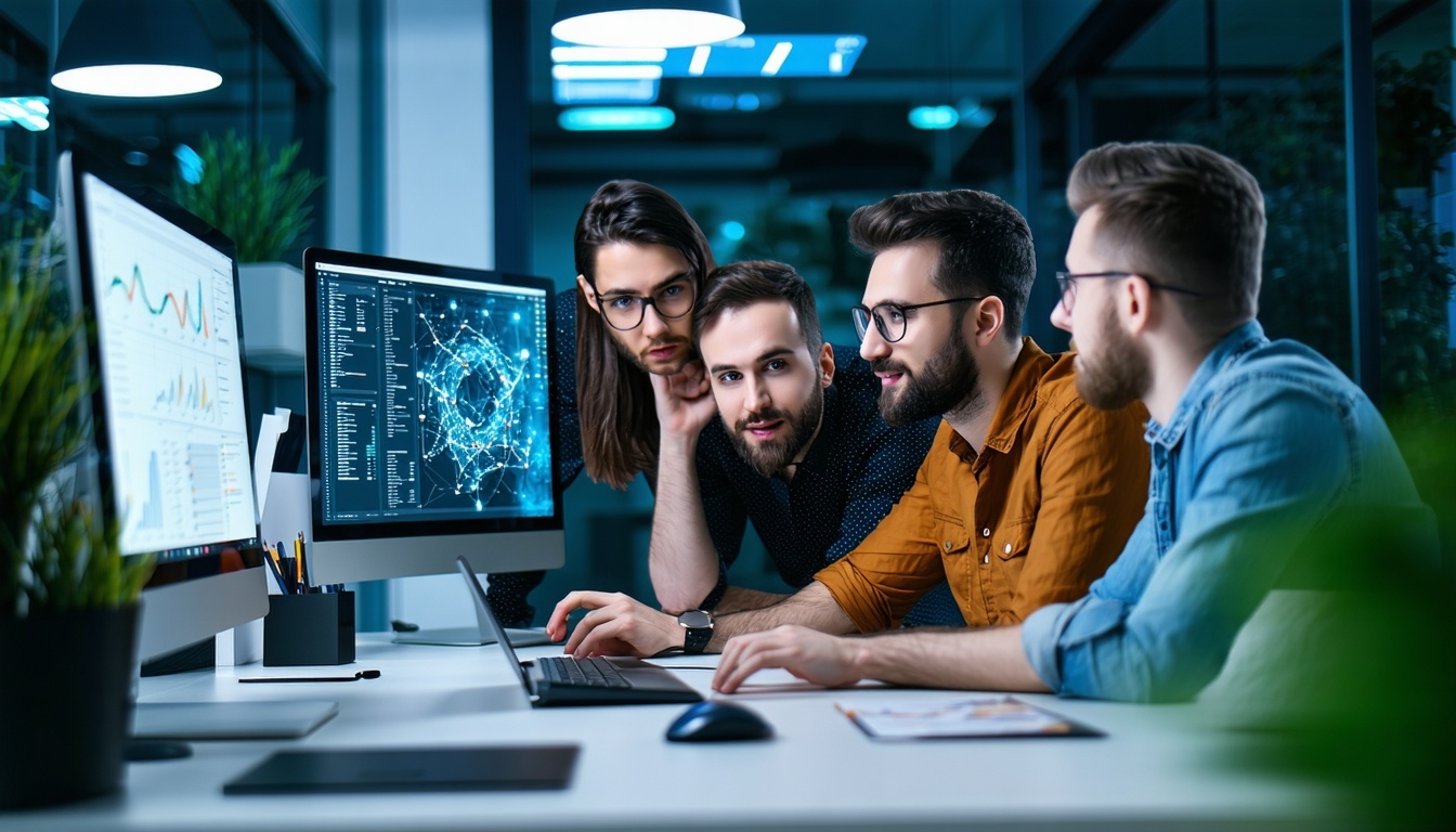 A team of focused software engineers working colla
